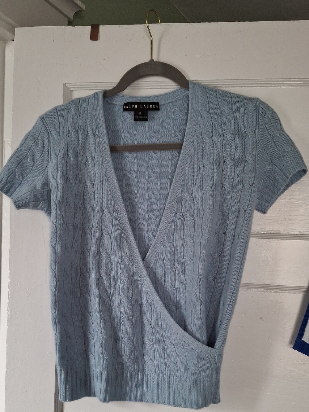 Ralph Lauren Light Blue Cable-Knit V-Neck Short Sleeve Sweater